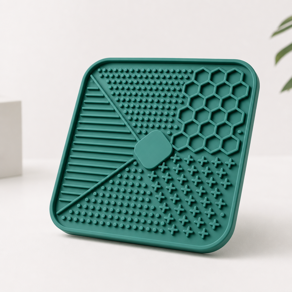 Textured teal silicone lick mat with geometric grooves on a clean studio surface