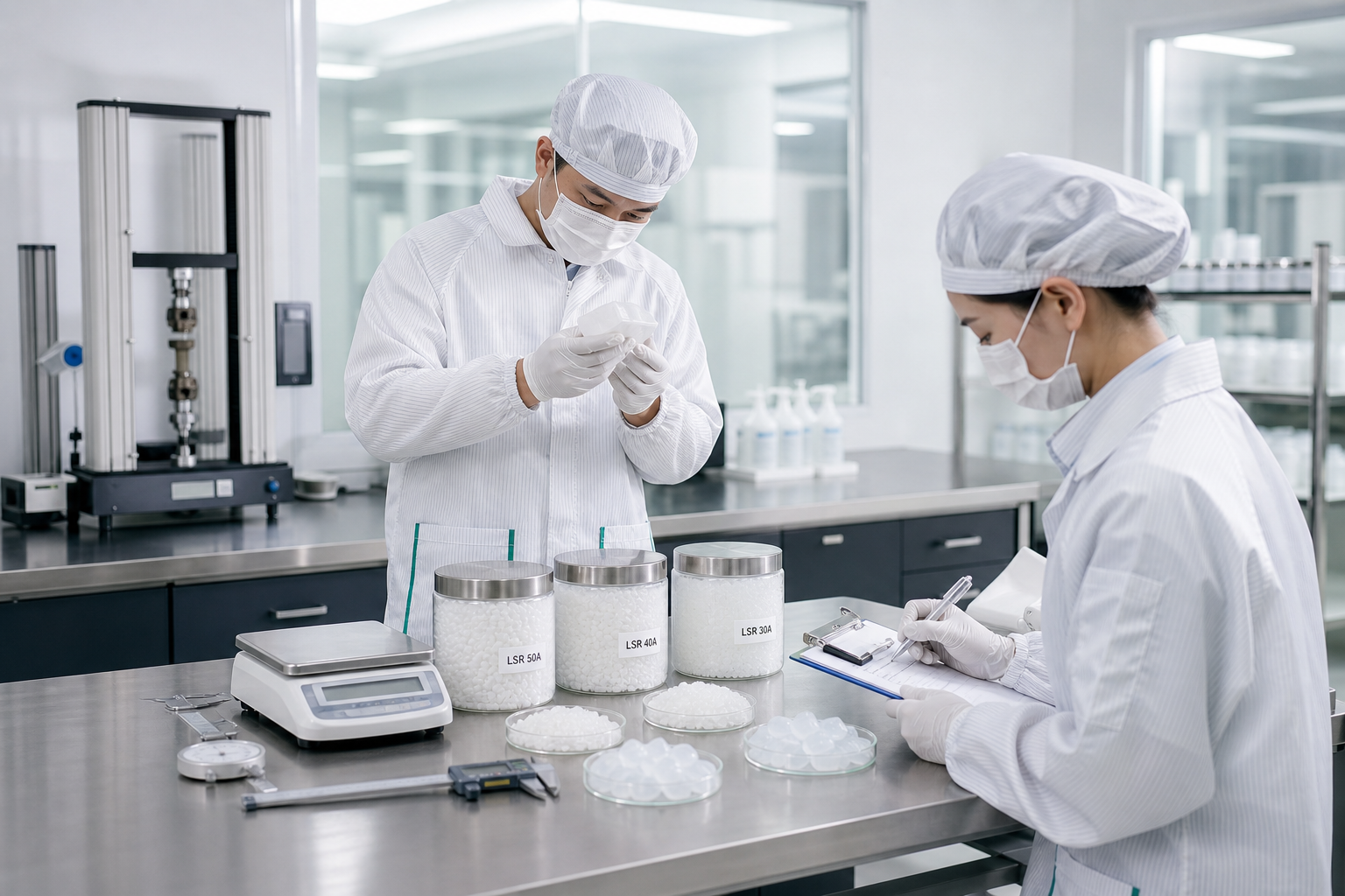 Lab technicians inspecting raw silicone materials and verifying purity in a clean industrial quality lab