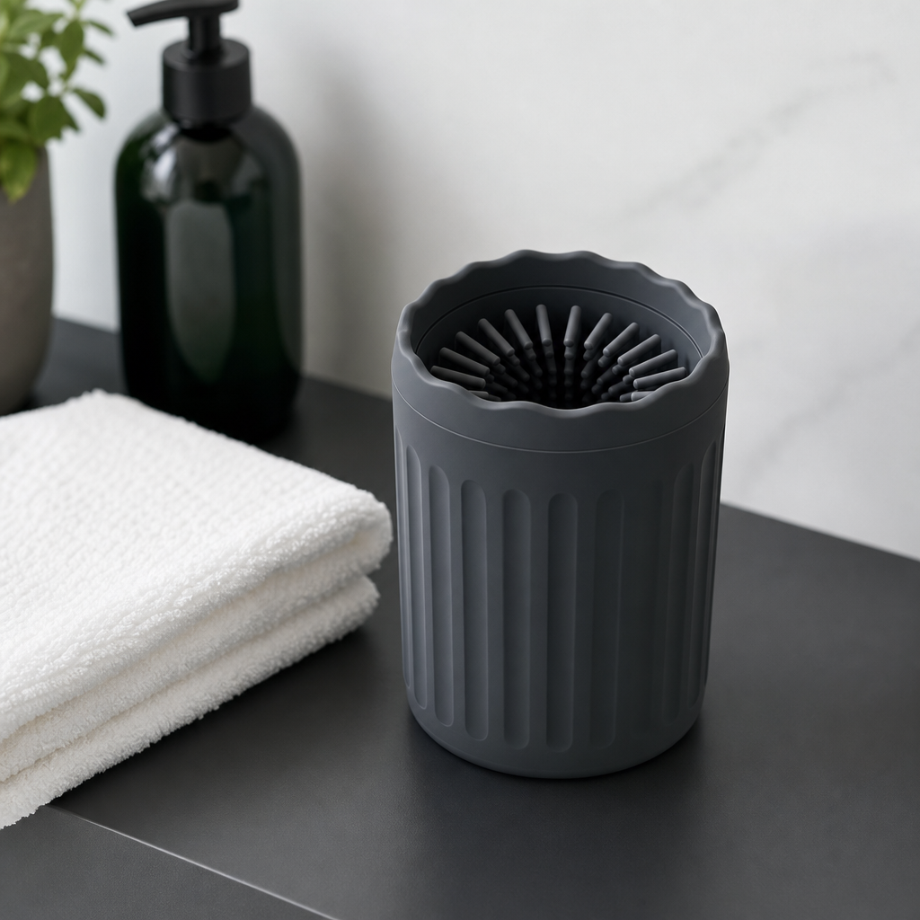 Premium charcoal silicone paw-cleaning cup beside a clean towel on a grooming counter