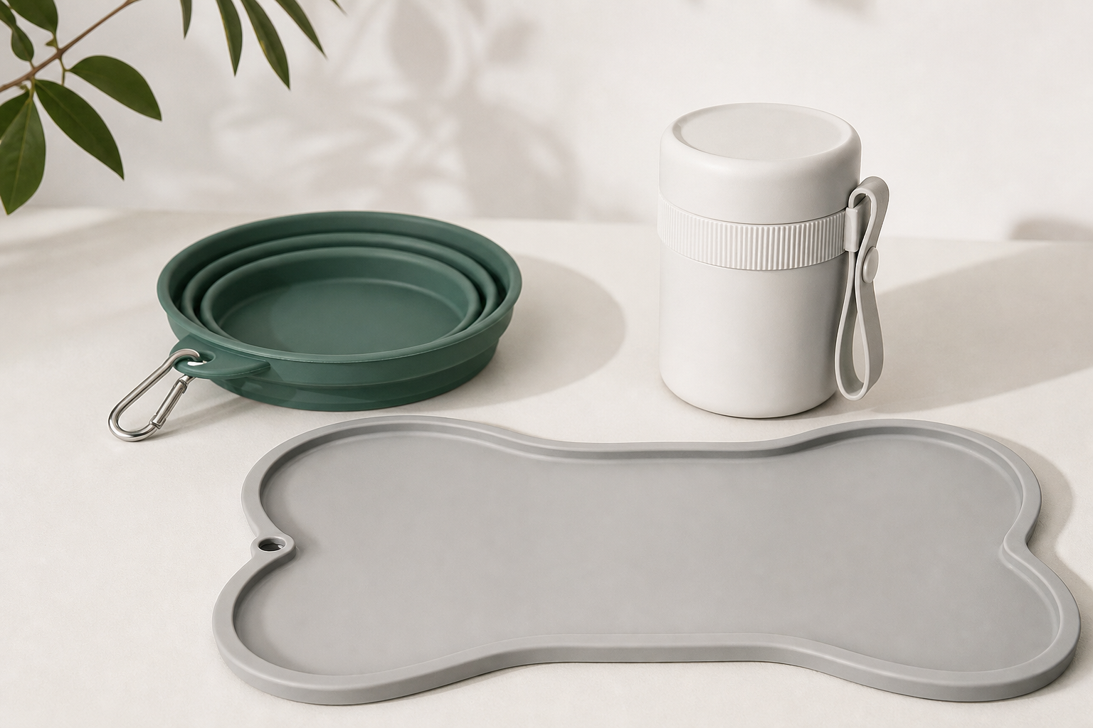 Premium silicone travel collection with foldable bowls, portable feeding mats, and compact containers arranged on a clean studio surface