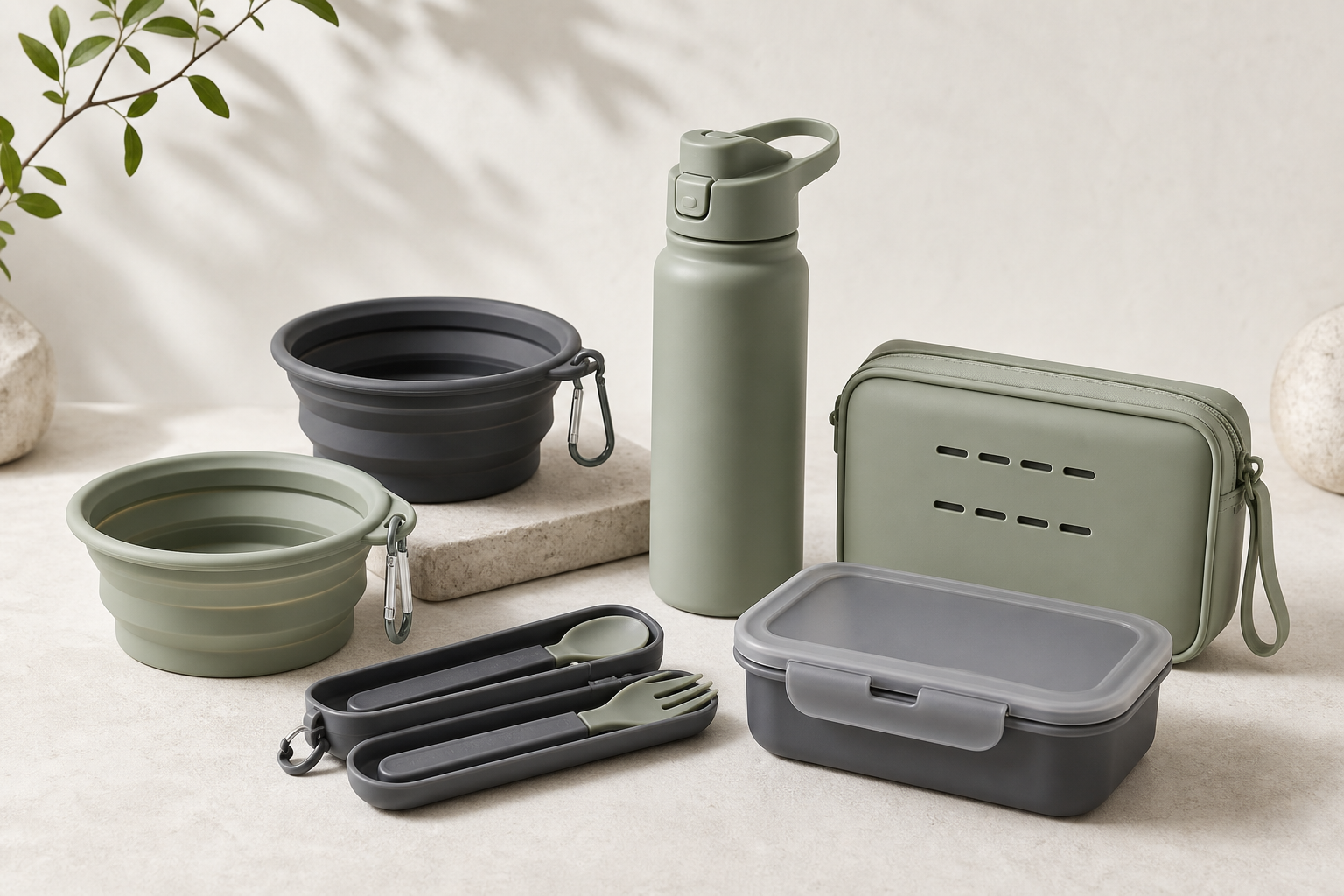 Premium silicone travel collection scene featuring collapsible pet bowls, a portable water bottle, travel feeding kits, storage containers, and outdoor accessories arranged in an elegant manufacturer catalog style