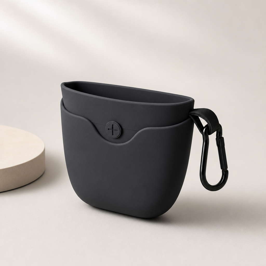 Premium silicone treat pouch in charcoal black with clip strap and smooth matte finish