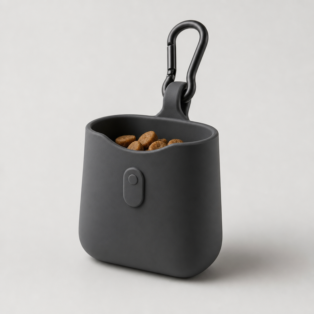 Minimal silicone treat pouch with clip loop in matte charcoal