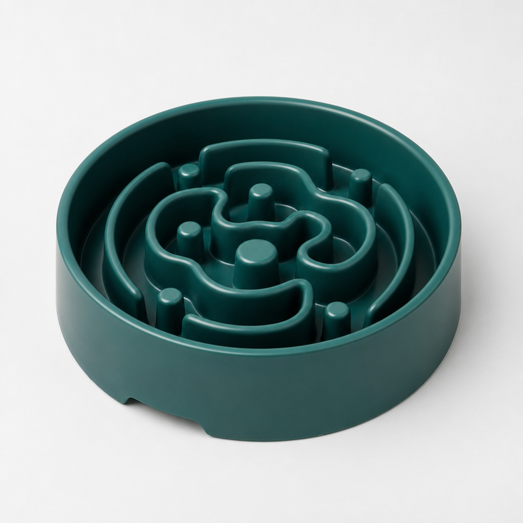 Deep teal silicone slow feeder bowl with maze-style ridges