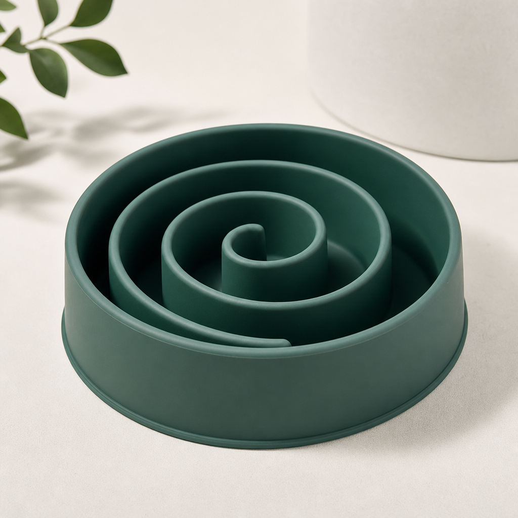 Deep green silicone slow feeder bowl with spiral maze design in soft light