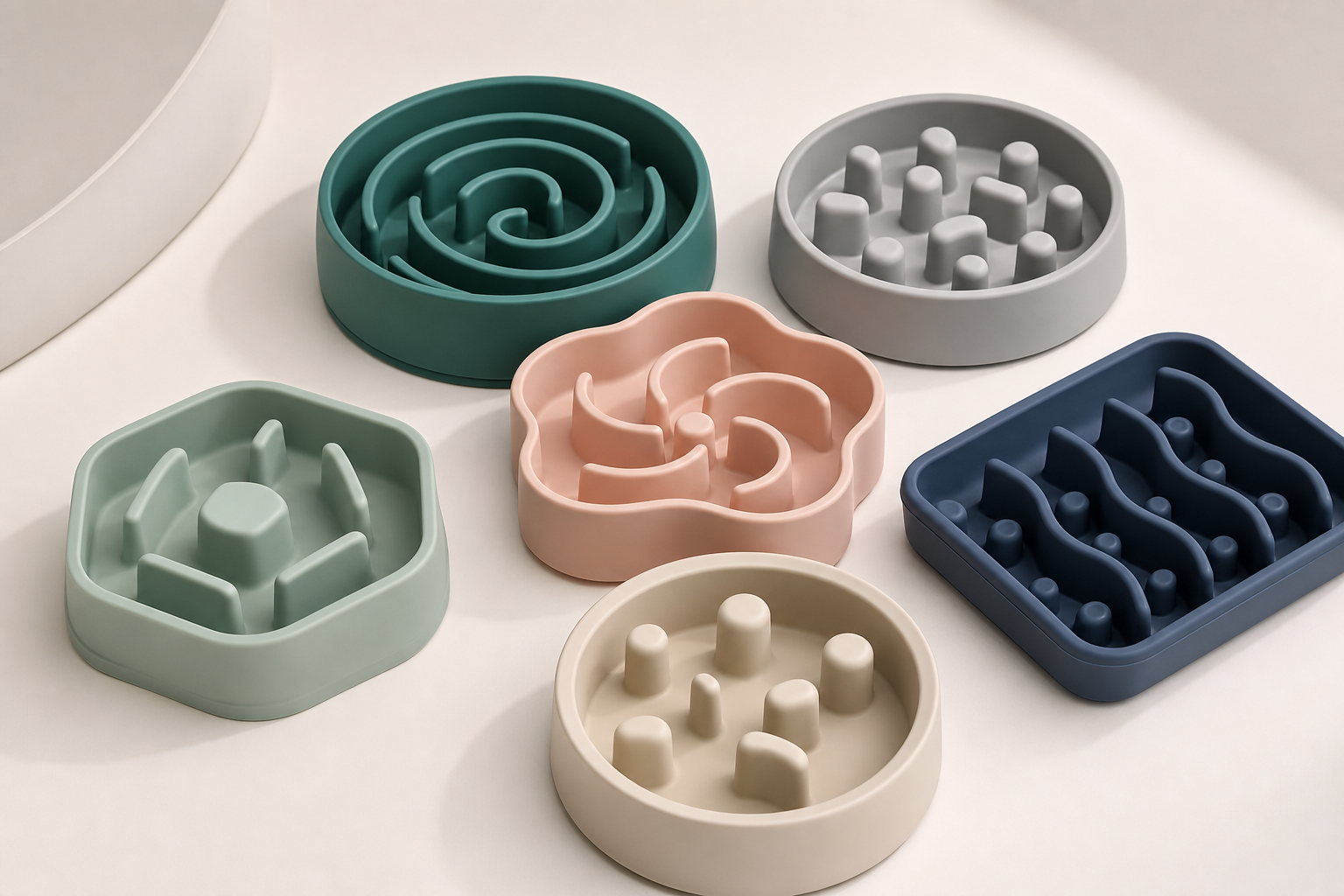 Grouped product image of premium silicone slow feeder bowls in multiple shapes and textures arranged on a clean studio surface