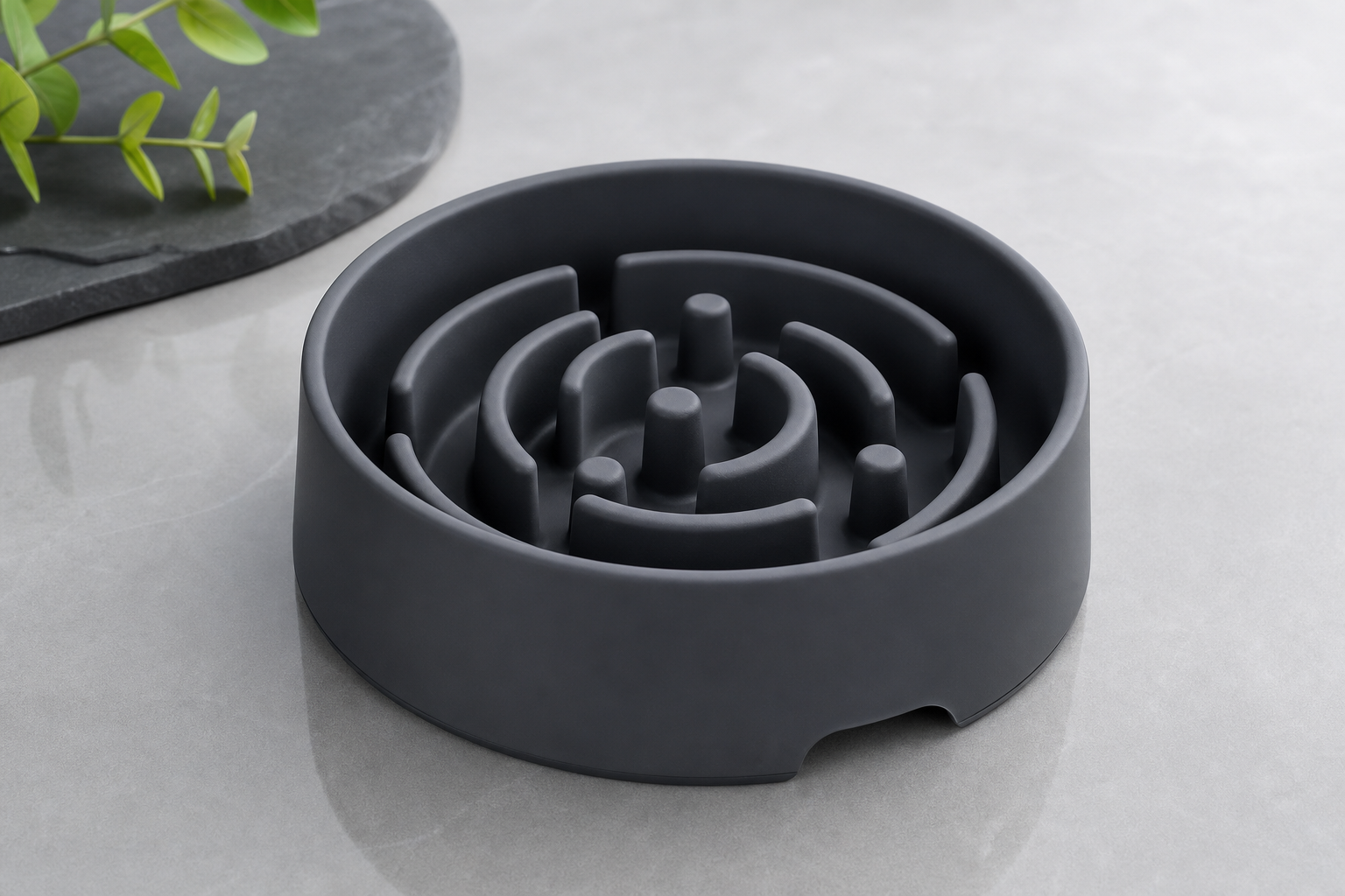 Modern silicone slow feeder bowl in deep charcoal with raised maze structure, photographed in a clean studio setting