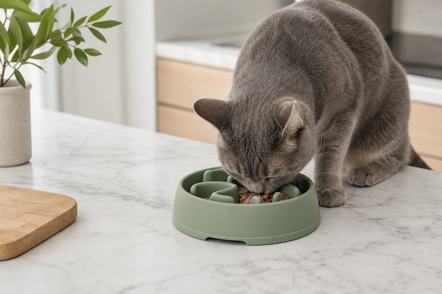 Compact sage green silicone slow feeder bowl on a marble countertop with a short-haired gray cat eating wet food