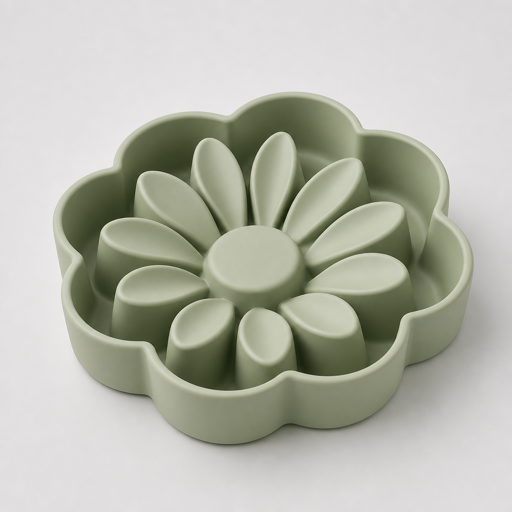 Flower-shaped silicone slow feeder bowl in soft sage green with petal ridges, photographed on a clean light gray background.