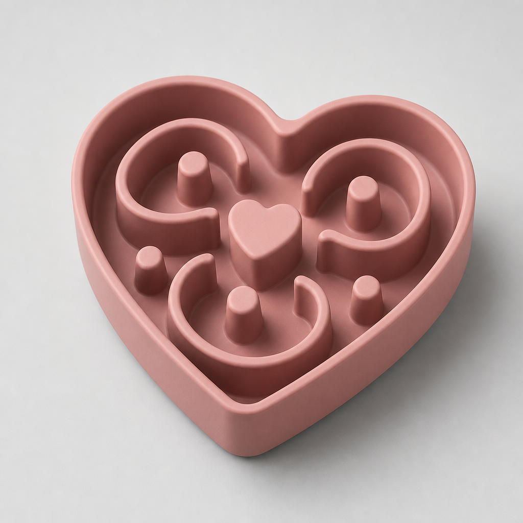 Heart-shaped silicone slow feeder bowl in muted rose with curved channels, photographed on a clean light gray background.