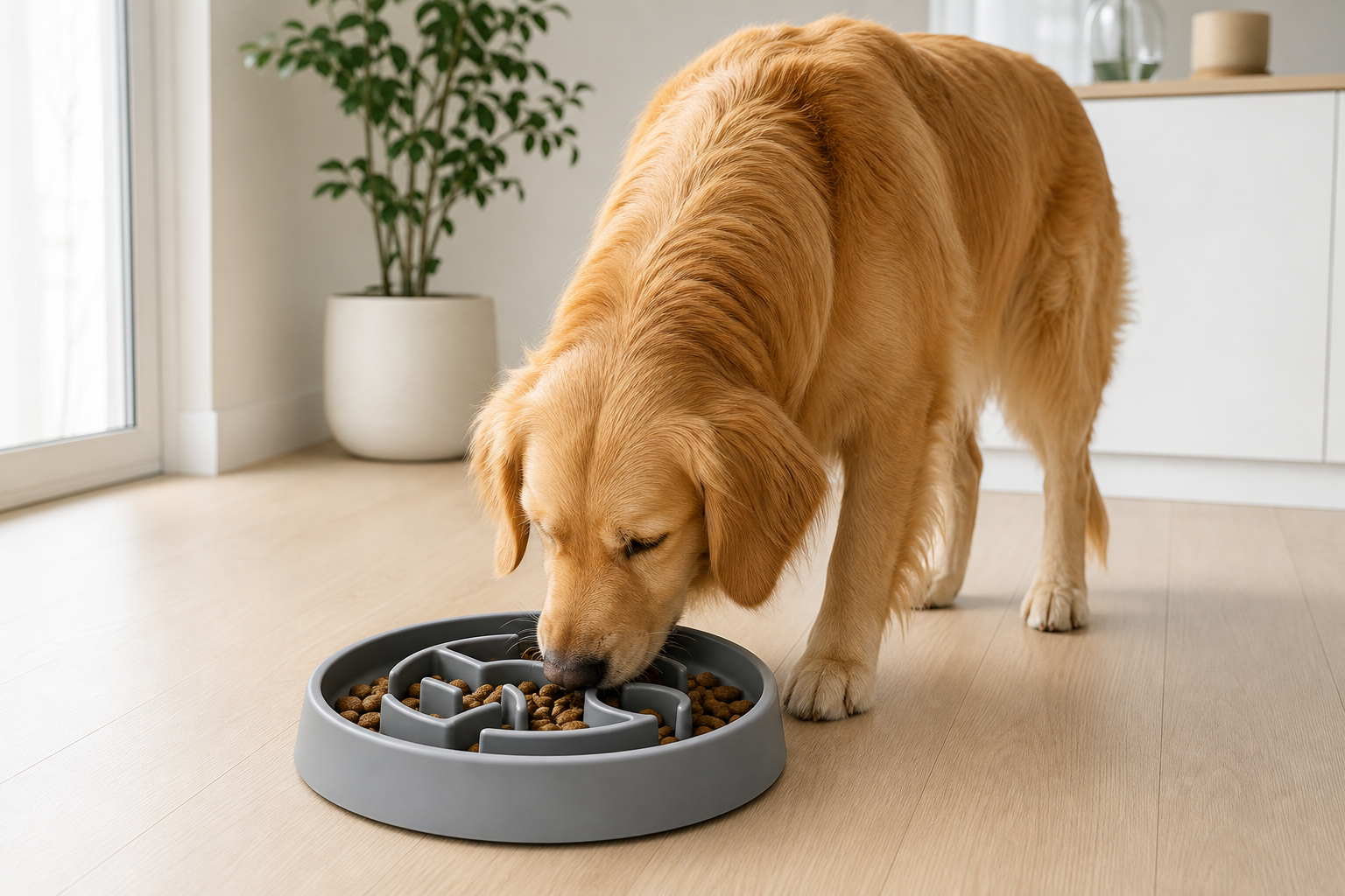 Premium silicone slow feeder bowl on a light wood kitchen floor beside a medium golden retriever calmly eating kibble in a modern home