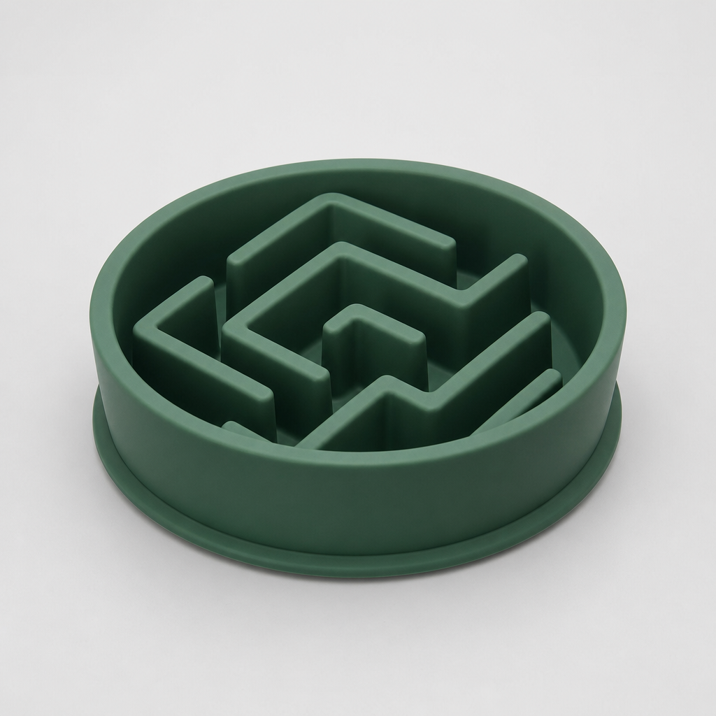 Maze-pattern silicone slow feeder bowl in deep forest green with angular pathways, photographed on a clean light gray background.