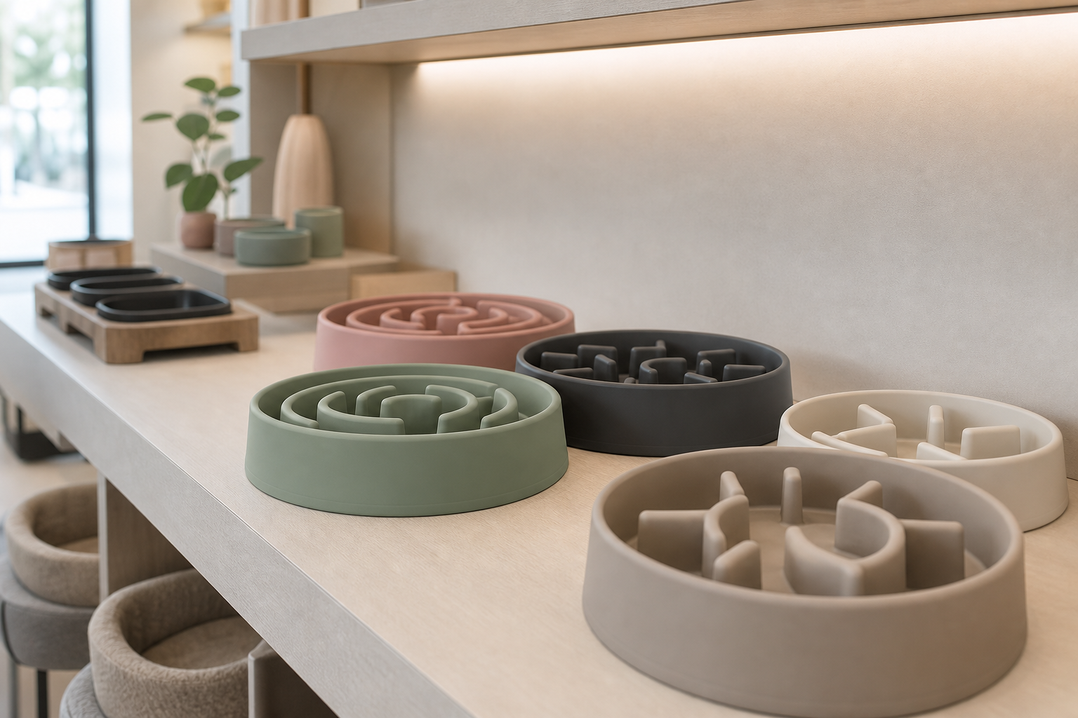 Display of premium silicone slow feeder bowls in muted colors arranged on a minimalist shelf in an upscale pet boutique