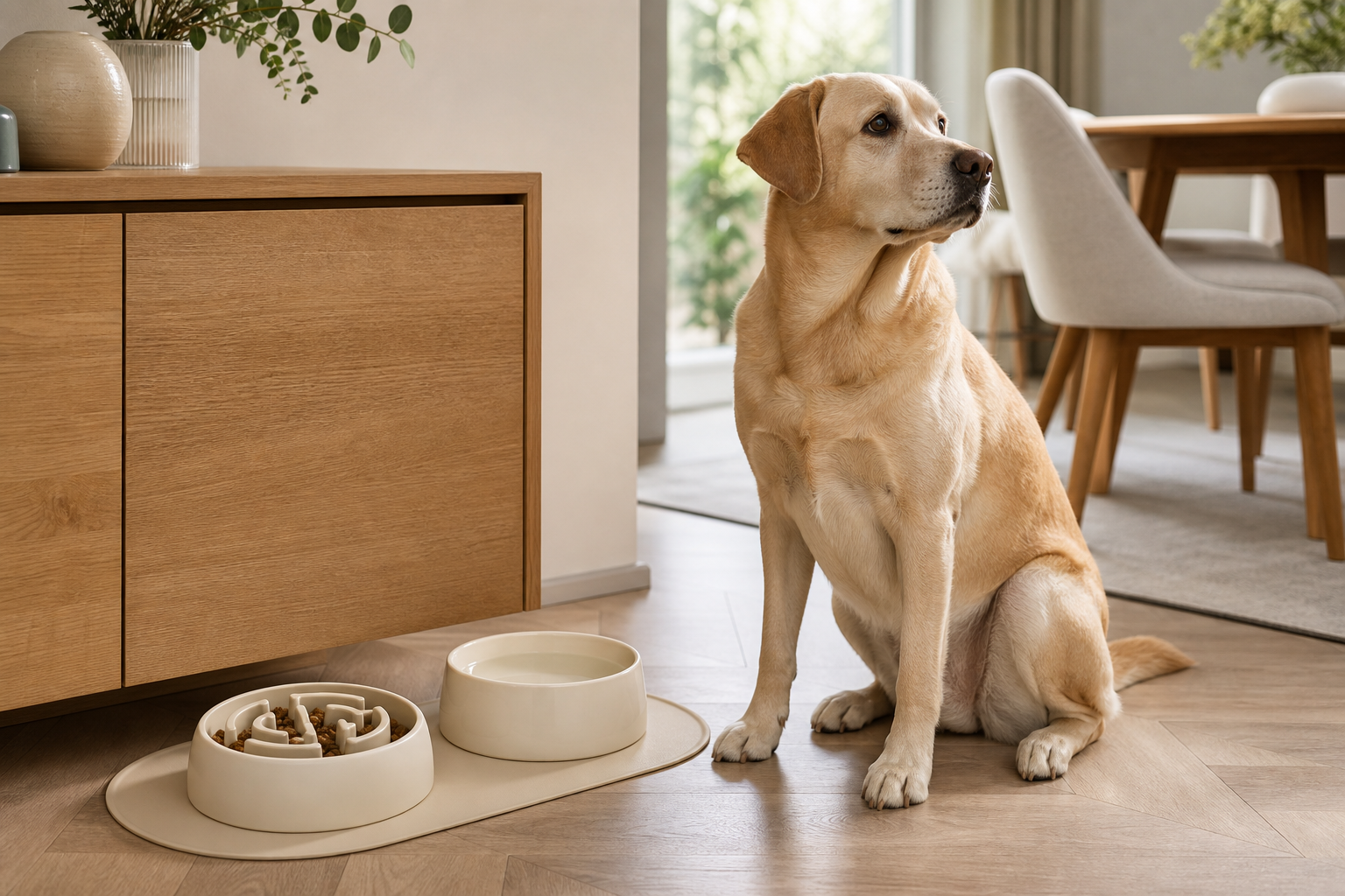 Warm-toned dining nook with a cream silicone slow feeder bowl beside a ceramic water bowl and a large beige dog waiting
