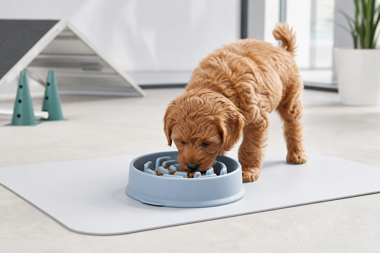 Soft blue silicone slow feeder bowl on a clean training mat with a small brown puppy eating in a bright studio