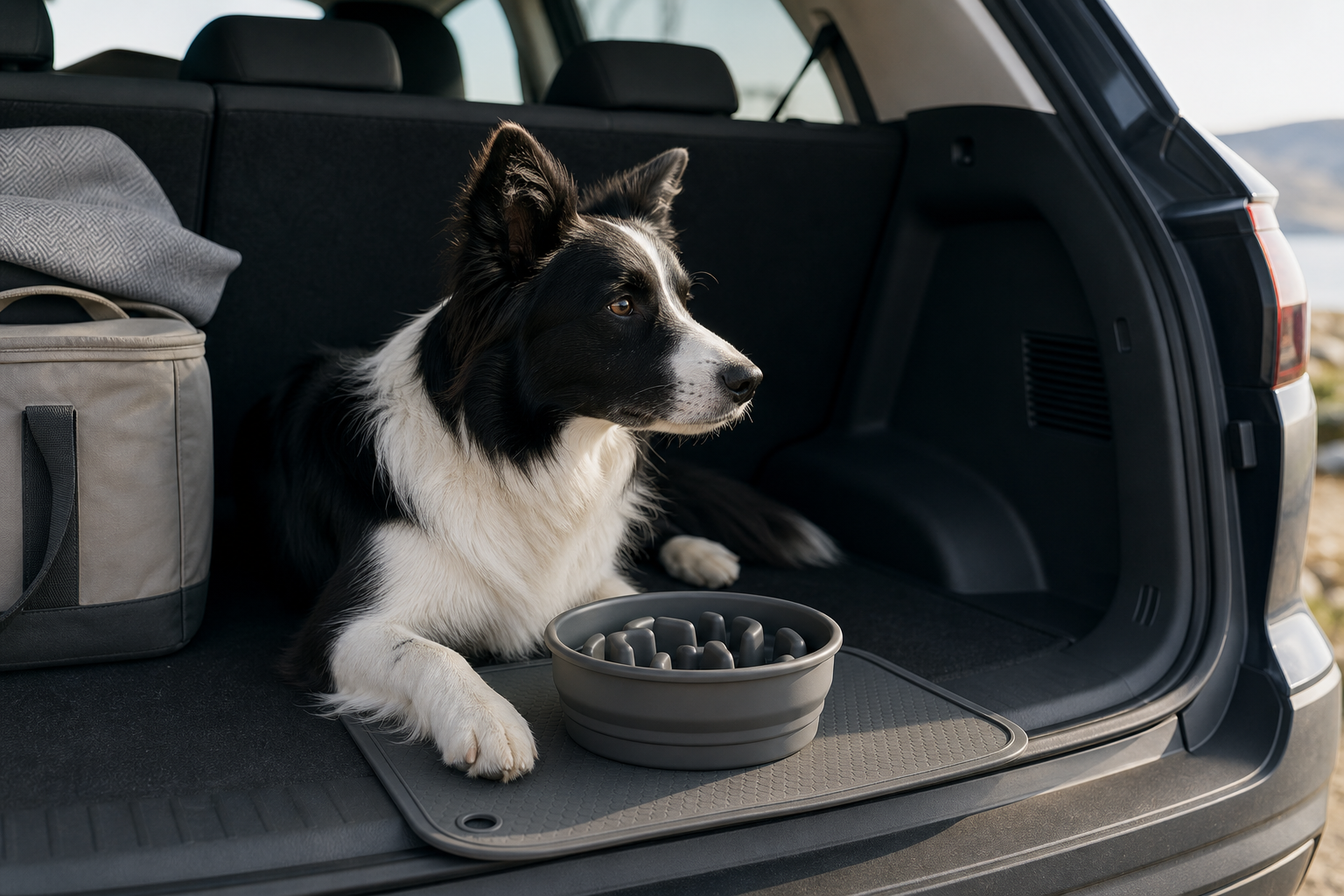 Portable charcoal silicone slow feeder bowl on a travel mat inside a car cargo area with a medium black-and-white dog resting nearby