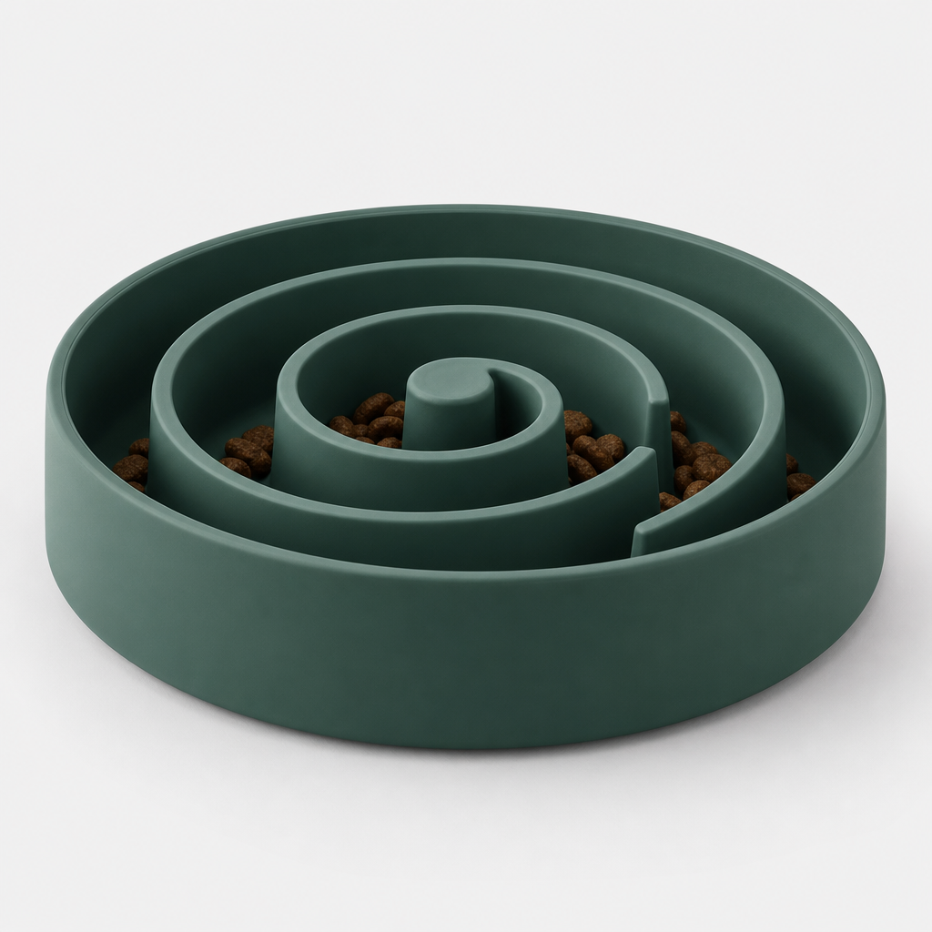 Wide silicone slow feeding enrichment bowl in dark green with spiral channels