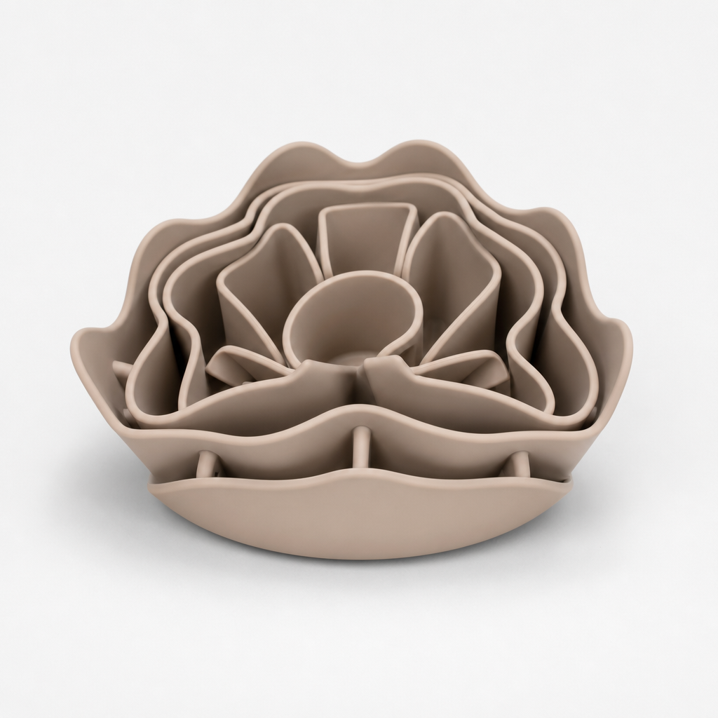 Folded silicone snuffle training accessory in muted beige with petal texture