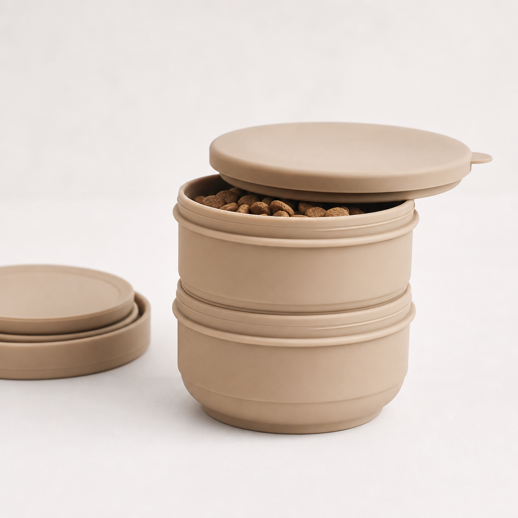Stackable silicone travel food container in warm sand color with a tight-fitting lid, studio lit