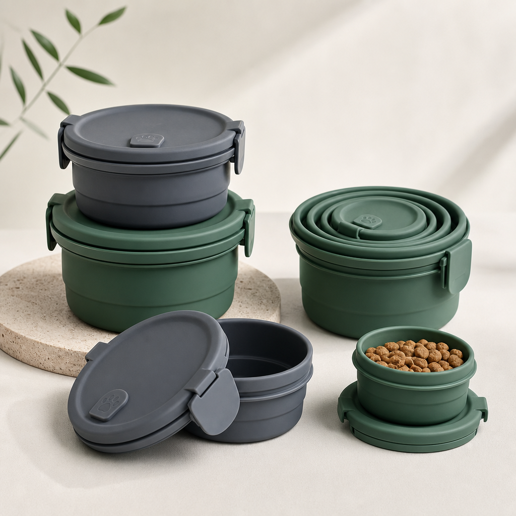 Set of silicone travel pet food containers with tight lids in slate gray and forest green