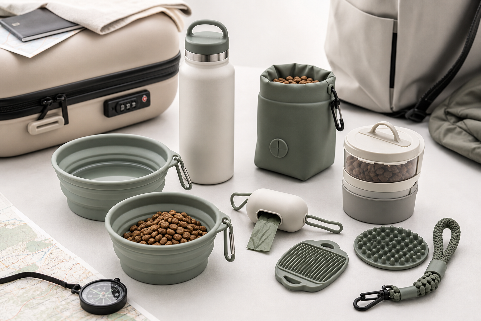 Premium travel lifestyle scene with collapsible silicone pet bowls, portable water bottles, travel food containers, silicone treat pouches, poop bag dispensers, and outdoor silicone pet accessories arranged in a clean modern travel environment.