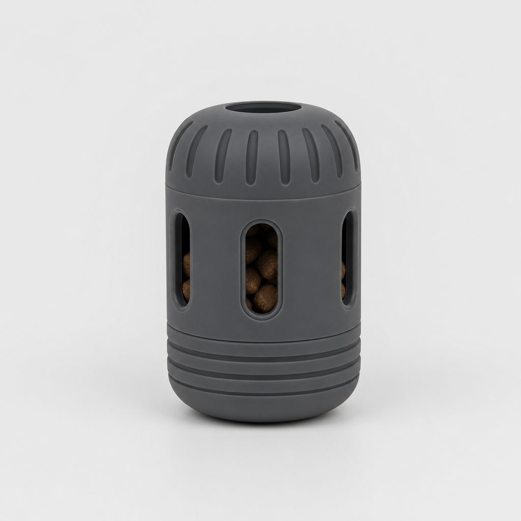Cylindrical silicone treat dispensing toy in charcoal gray with vented openings