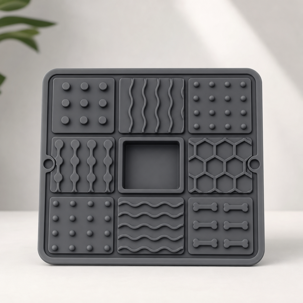 Rectangular silicone treat puzzle board in slate gray with modular tiles