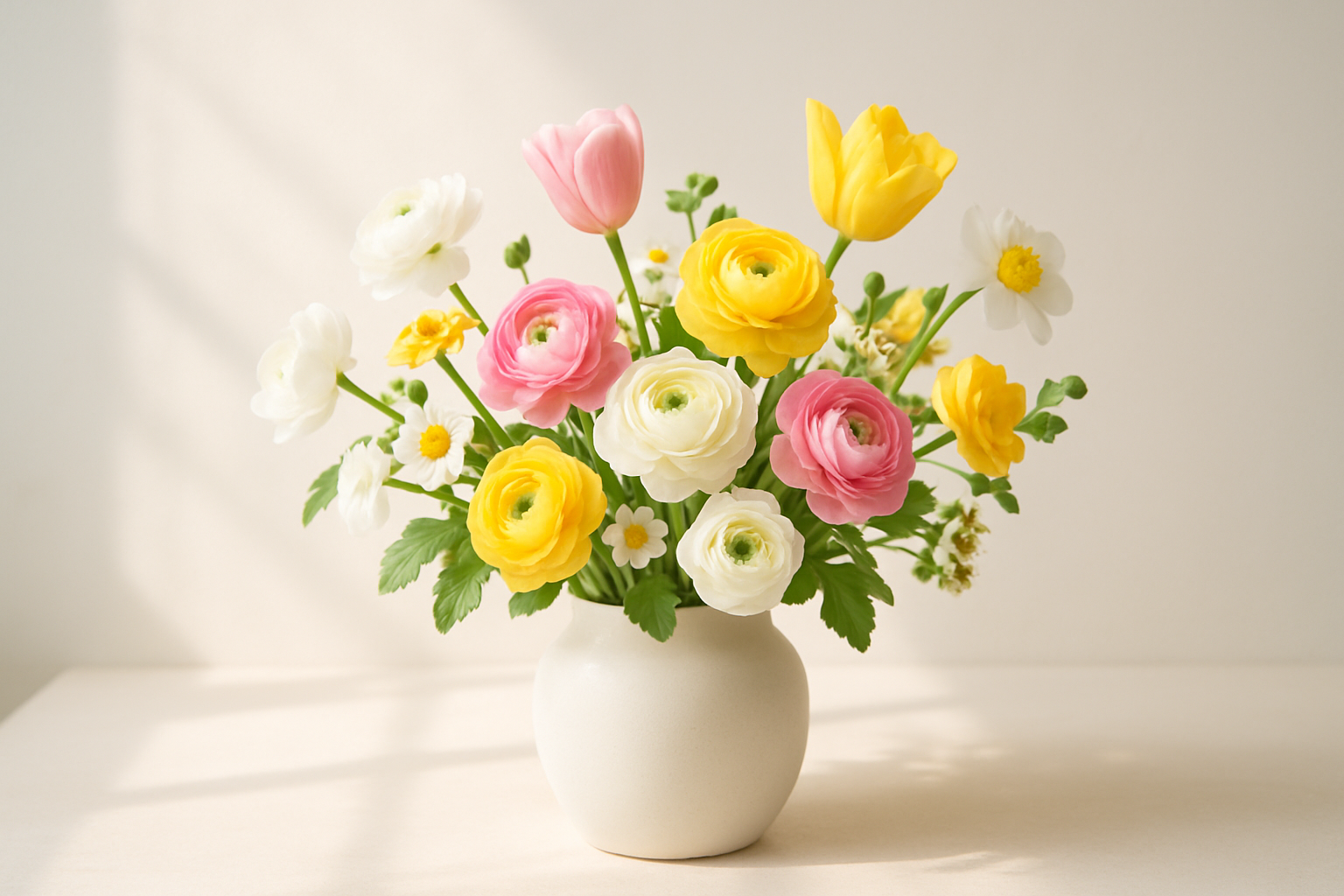 A fresh arrangement of colorful spring flowers in a white vase on a sunlit surface, styled for a modern flower shop