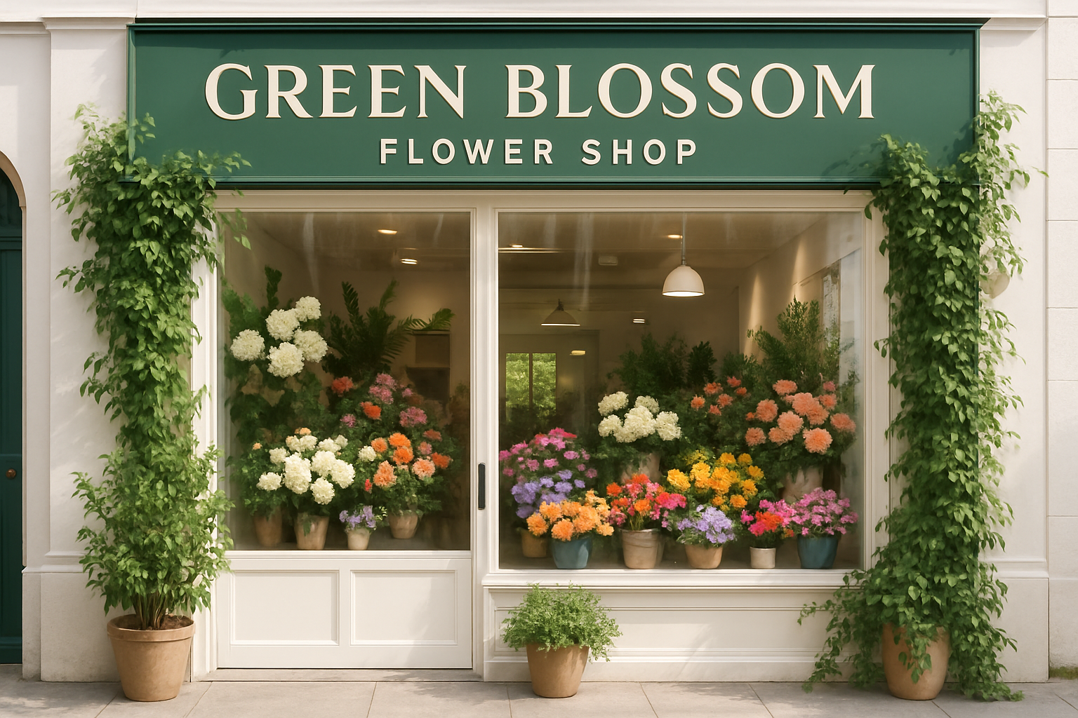 The welcoming storefront of Green Blossom Flower Shop, with abundant fresh flowers in the window and lush greenery surrounding the entrance, bathed in natural light