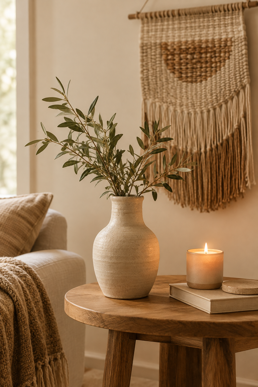 Softly styled interior detail with handmade ceramic vase, woven wall texture, and warm candlelight
