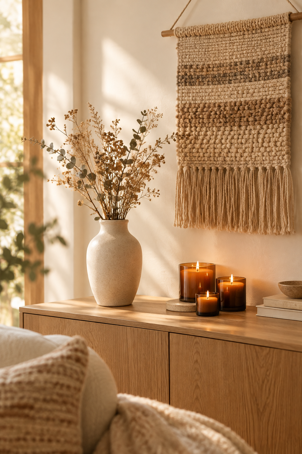 Cozy interior scene with handmade ceramic vase, woven wall hanging, and softly lit soy candles on a natural wood console
