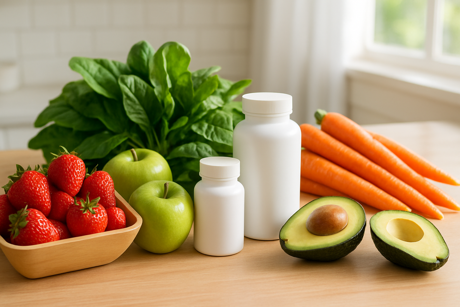 Colorful assortment of organic fruits, leafy greens, and supplement bottles arranged on a clean kitchen counter