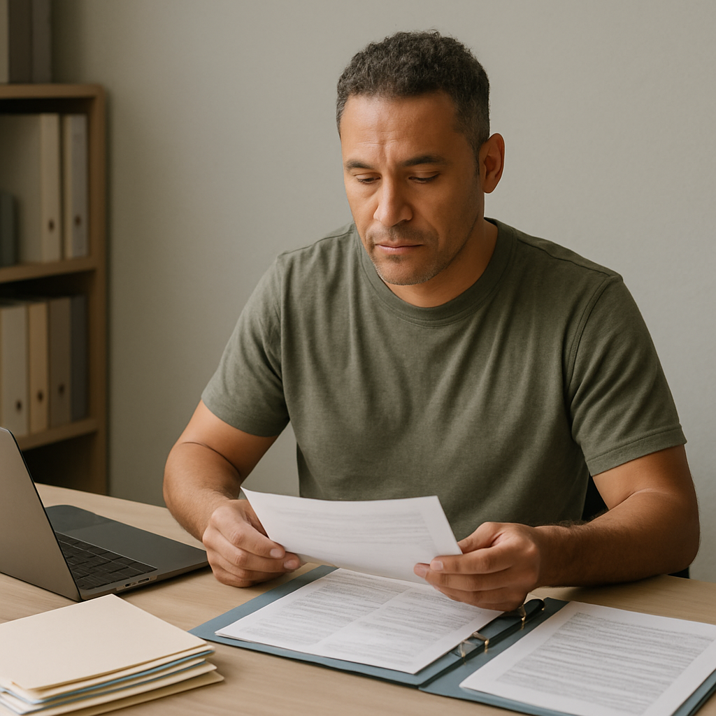 Veteran working at a tidy desk with organized medical records, a laptop, and a structured checklist