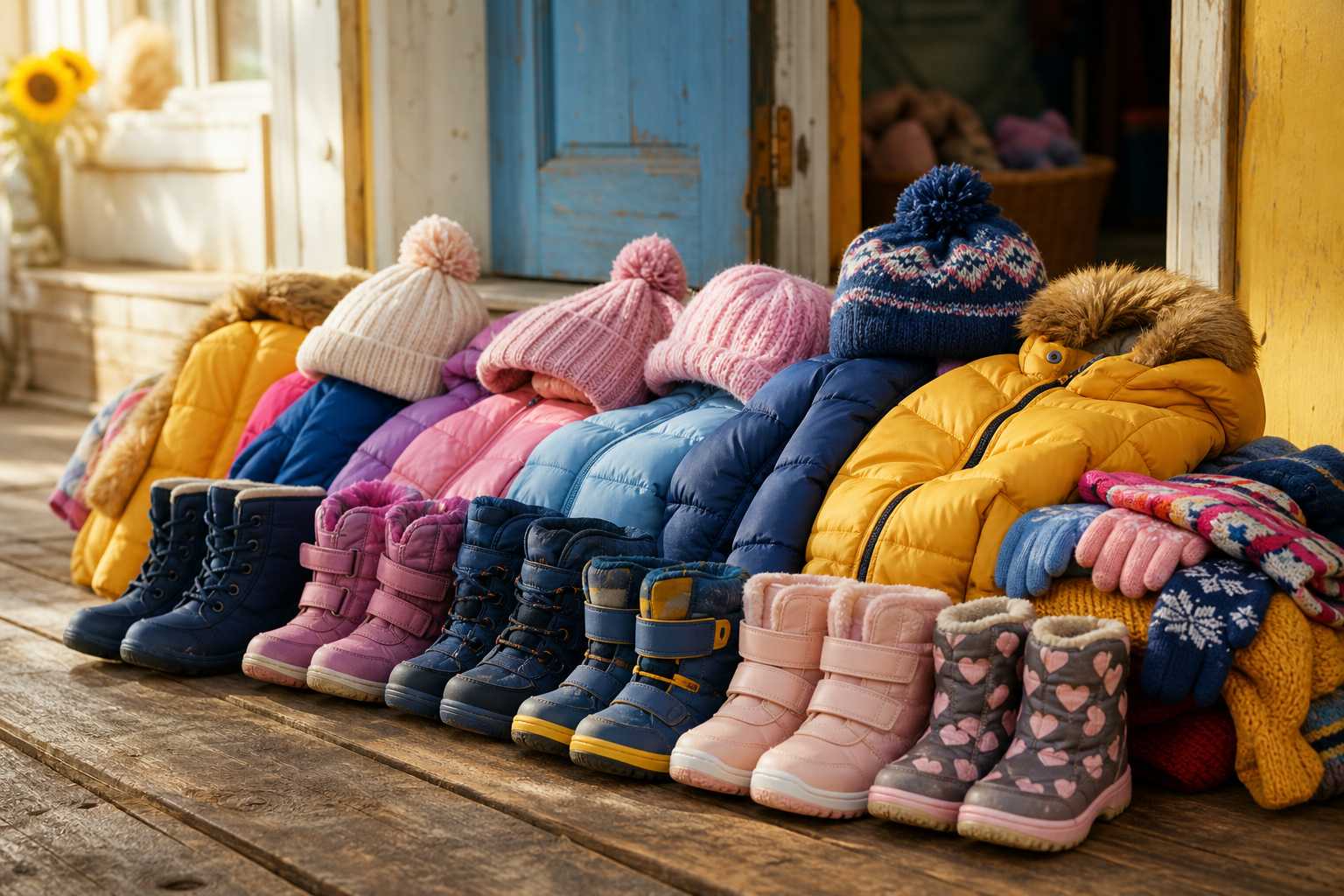 Colorful children's winter boots, coats, hats, and gloves neatly arranged and ready for donation
