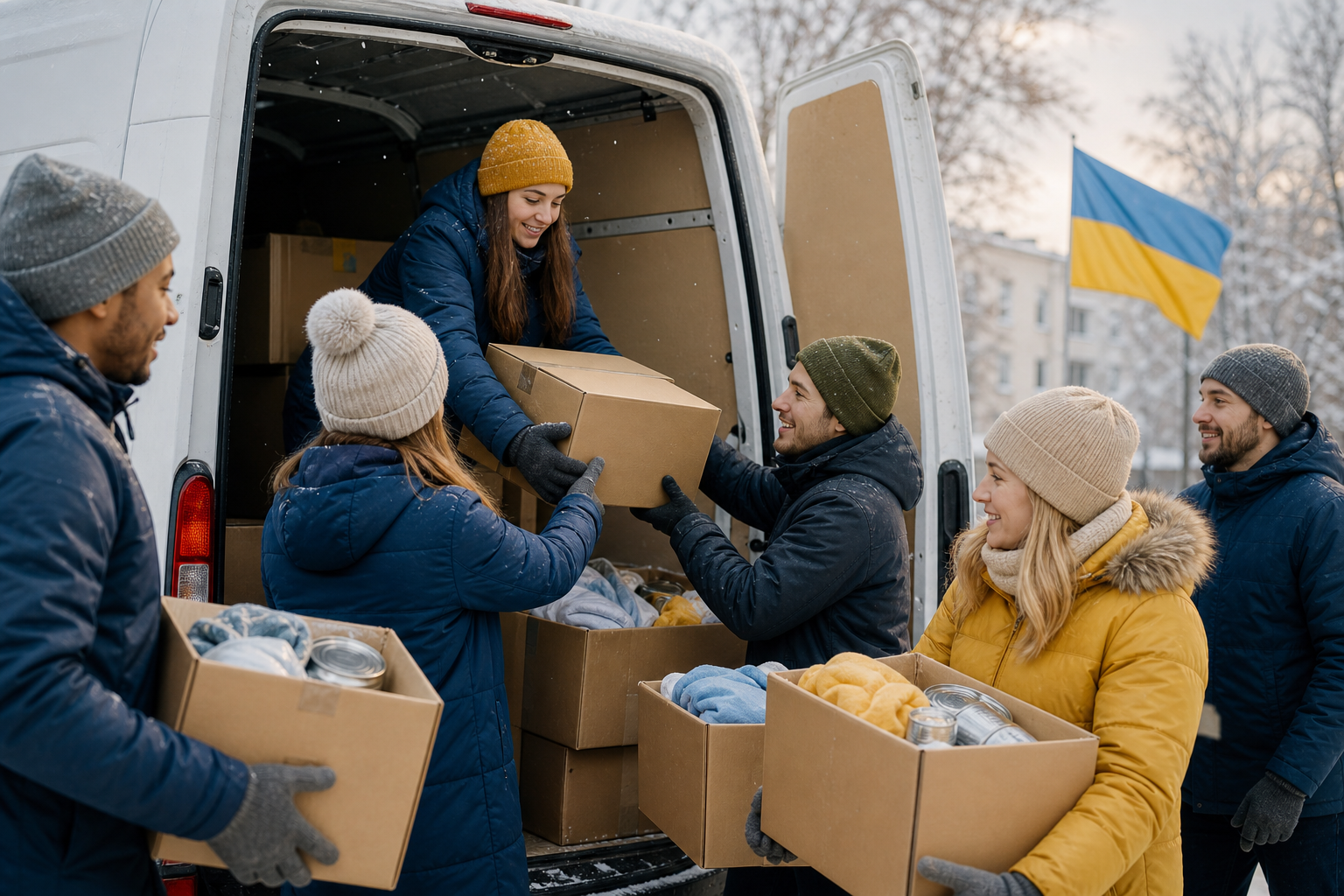 A group of diverse volunteers loading boxes of winter supplies into a delivery van outdoors in snowy weather
