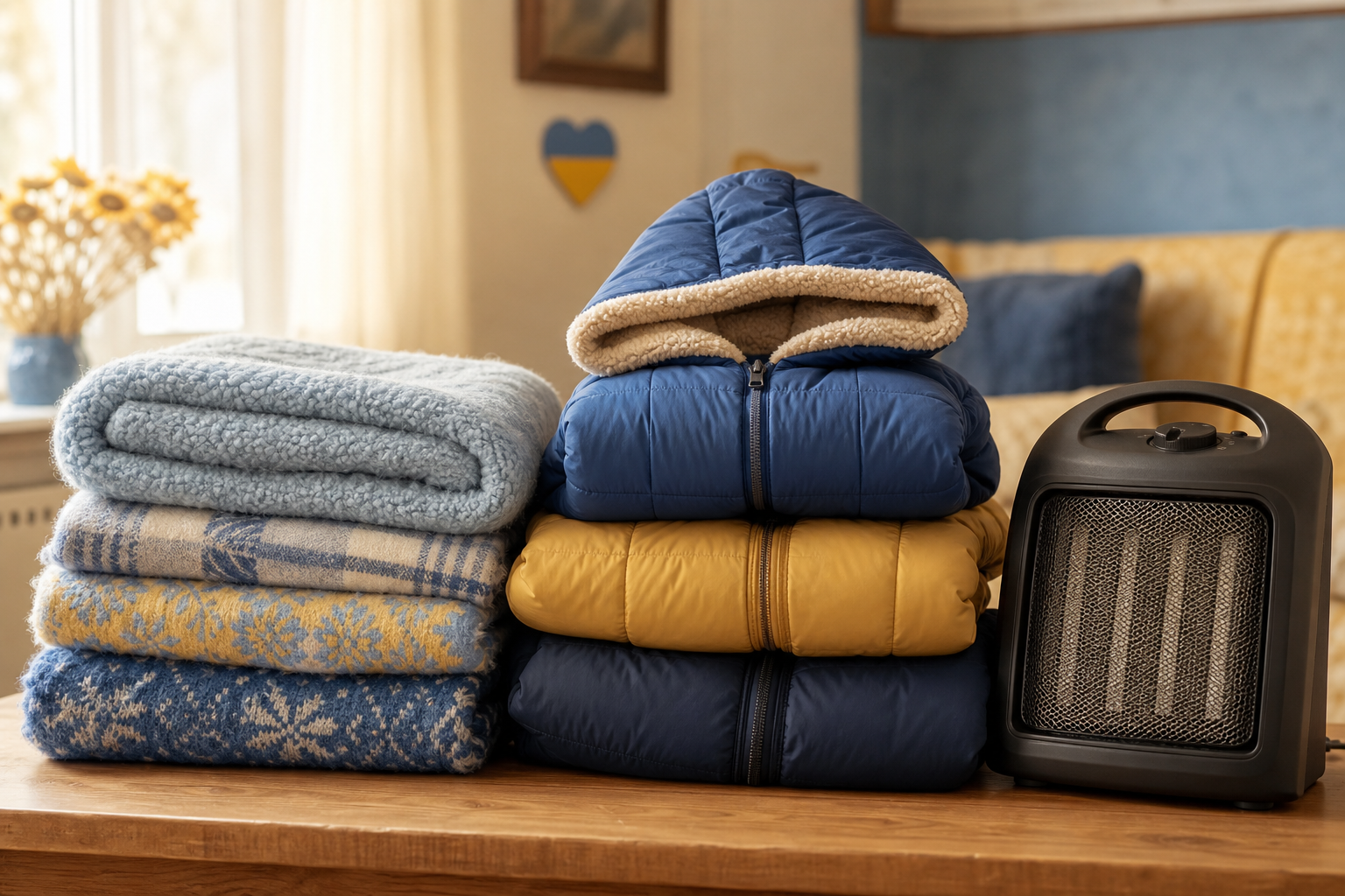 Folded thermal blankets, warm coats, and a portable heater arranged and ready for delivery to a family in need