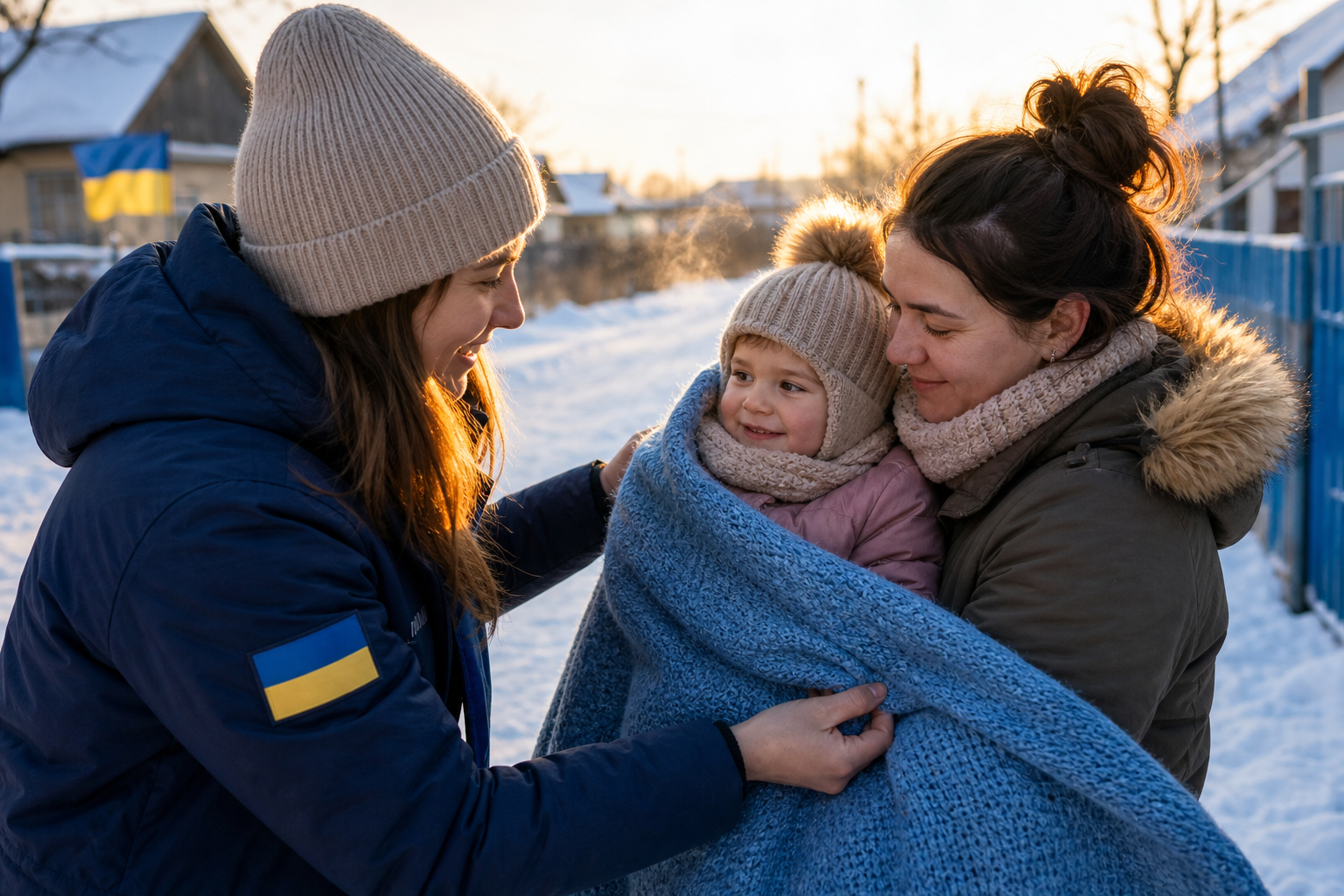 A volunteer wrapping a warm blanket around a smiling Ukrainian mother and her child in a snowy village