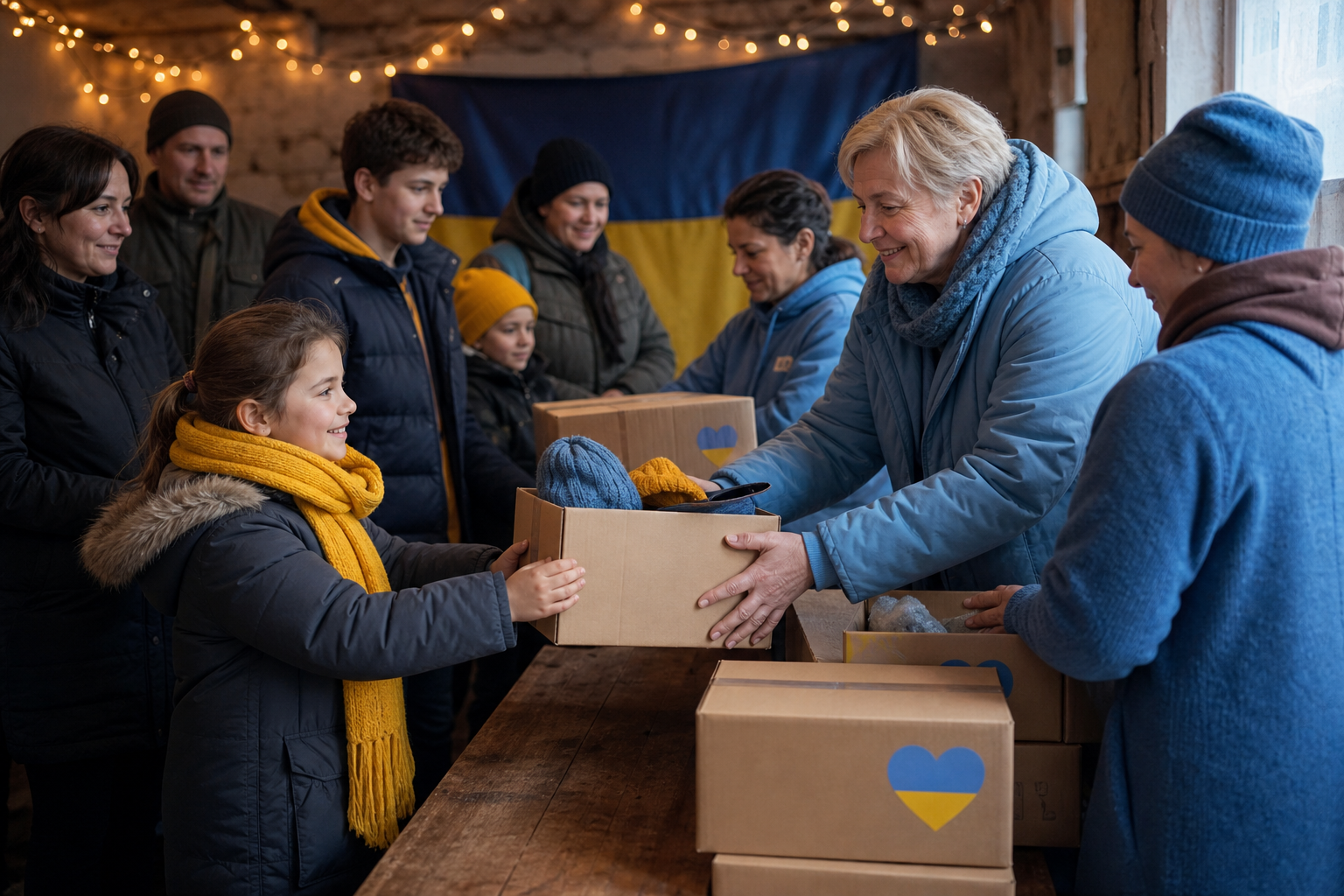 A small group of community members gathered around a table inside a shelter distributing stacked winter supply kits under warm string lights