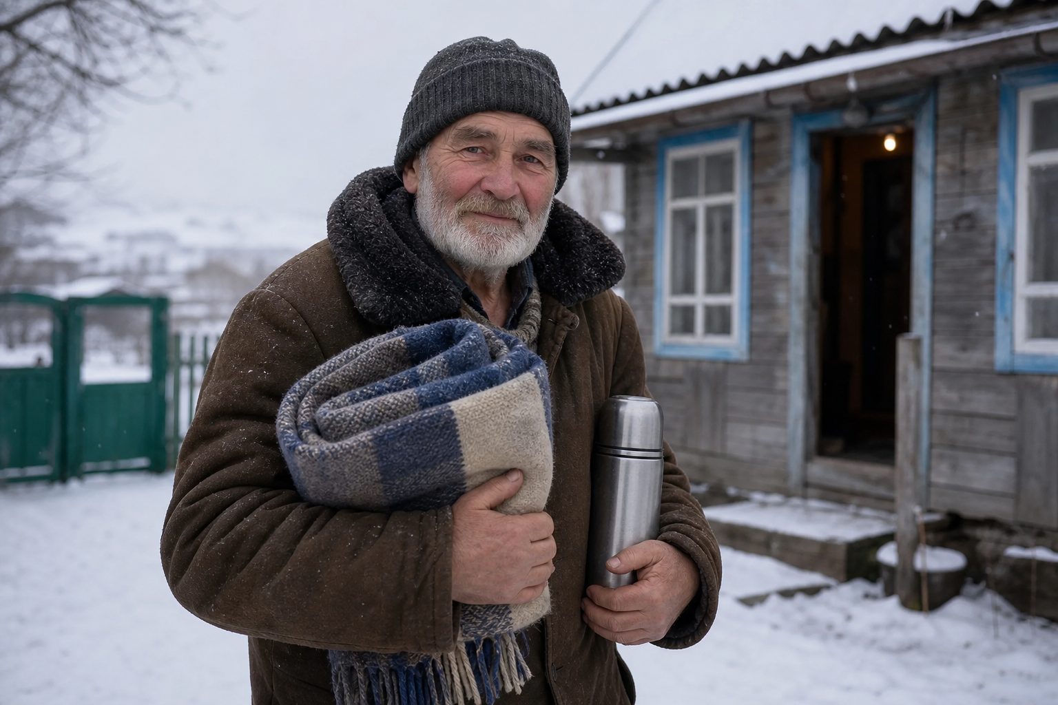 An elderly man in a thick brown winter coat stands outside a small rural house in the snow holding a folded wool blanket and thermos