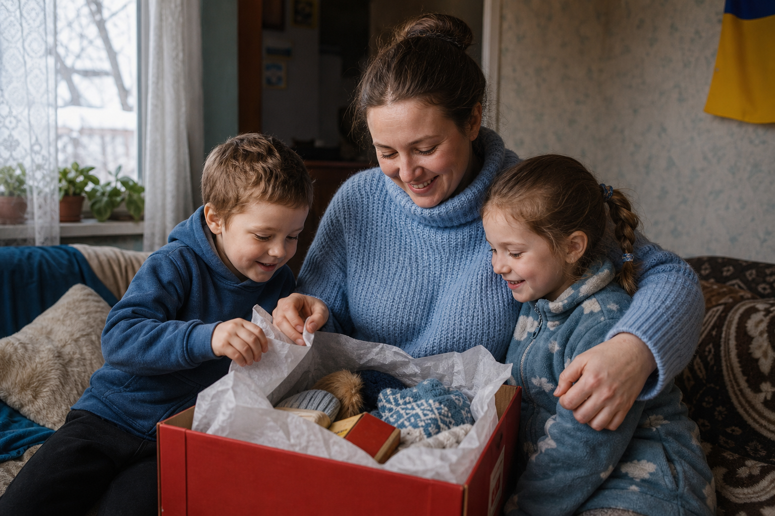 A mother sits with her two children on a sofa, unwrapping a winter care package together in a cozy softly lit apartment
