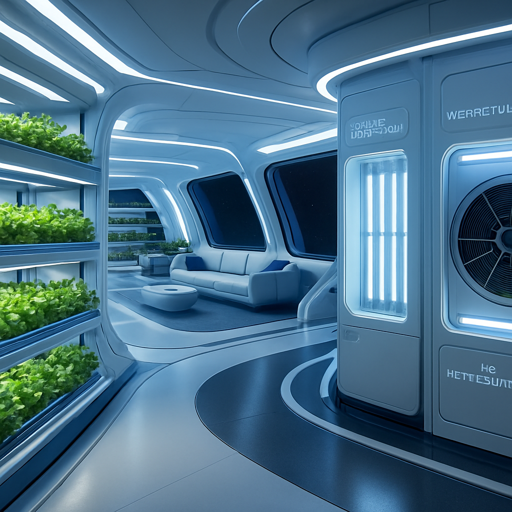 Bright life-support control room with smooth white surfaces, blue ambient lighting, transparent water-recycling columns, and tidy sensor arrays