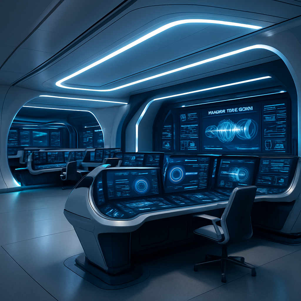 Clean electric propulsion test bay with a vacuum chamber, soft blue diagnostic glow, curved white panels, and engineers at minimalist consoles