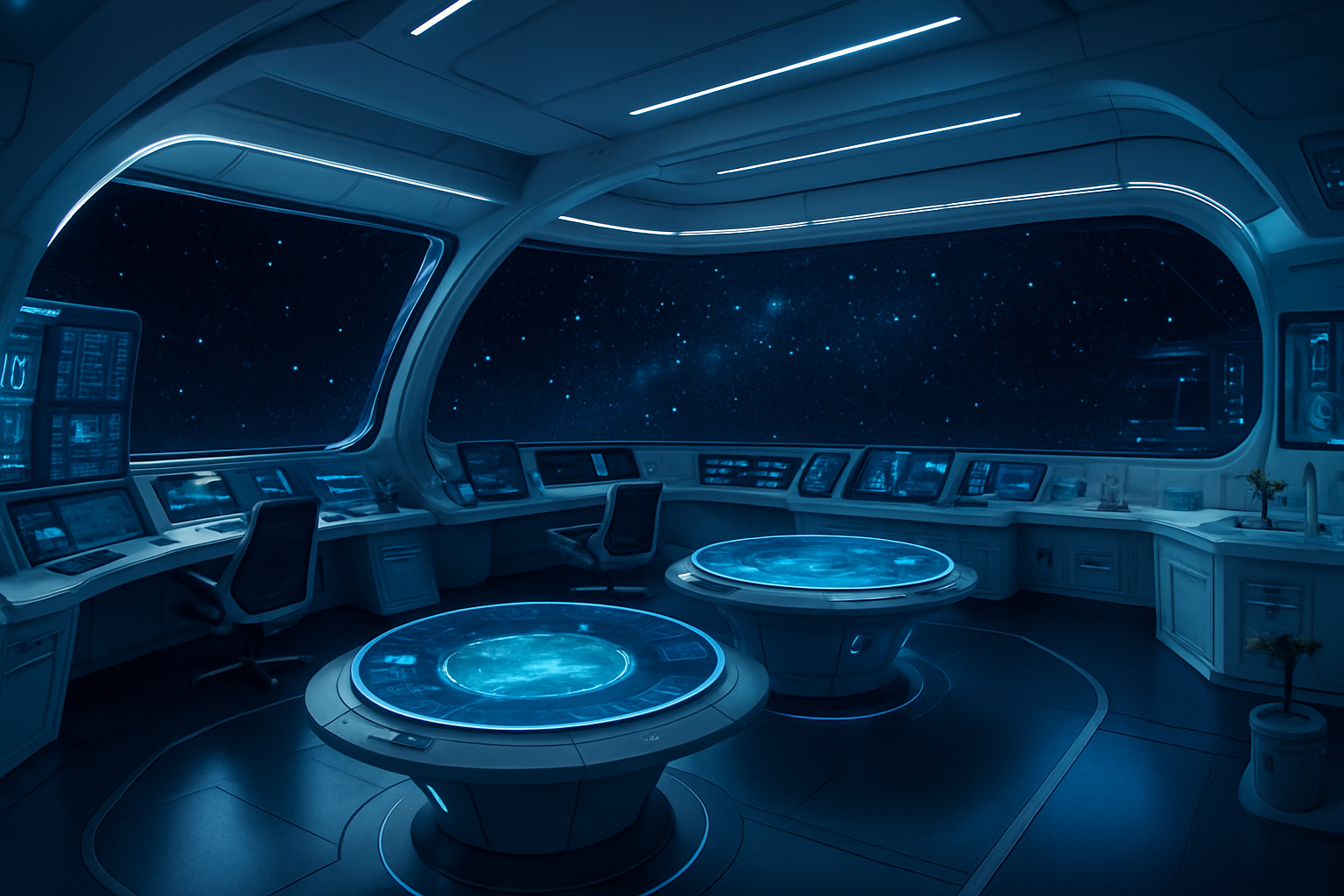 Premium deep-space vessel control atrium with sleek curved architecture, bright advanced interiors, and a panoramic starfield display in a blue-lit scientific environment