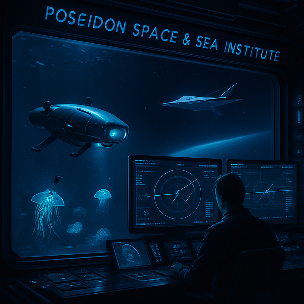 Futuristic ocean research lab with a marine rover and holographic orbital map in a dark, blue-lit control room