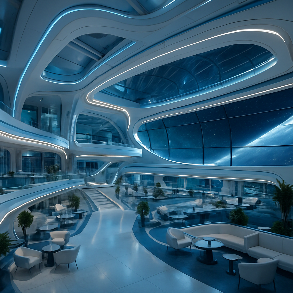 Sleek long-duration starship habitat interior with curved white-and-blue architecture, panoramic observation windows, hydroponic racks, and bright command-deck lighting