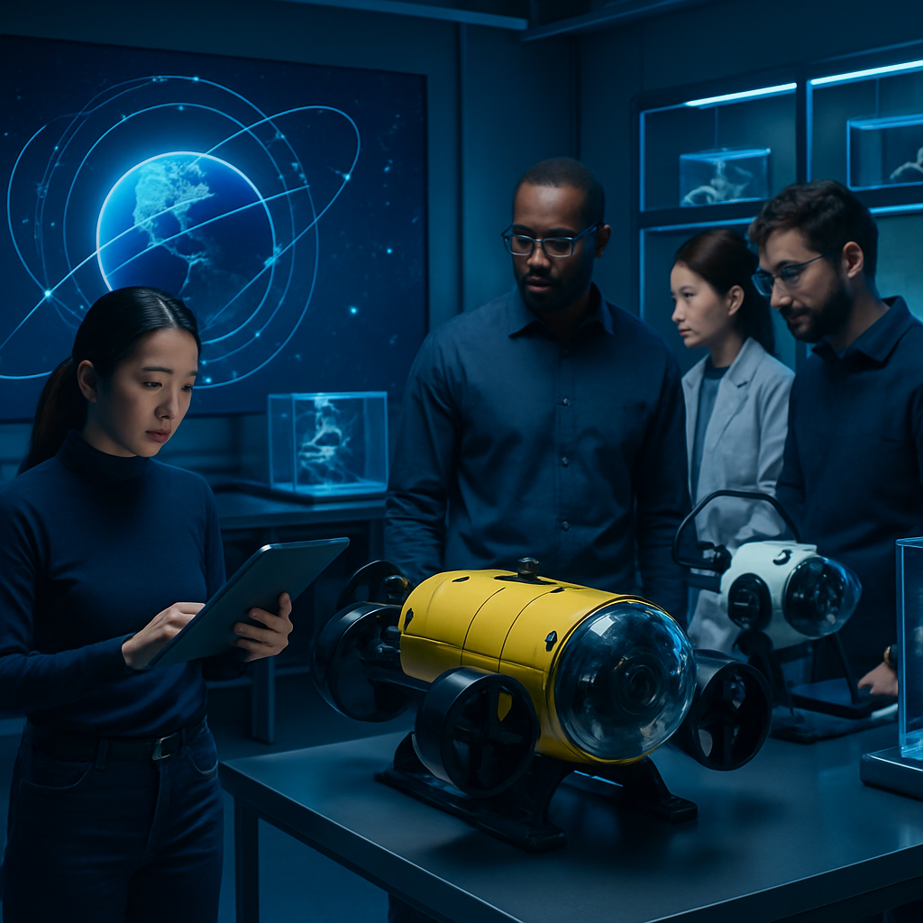 Mentor guiding a diverse group of students working on a compact marine robotics prototype with laptops and sensor modules in a modern lab