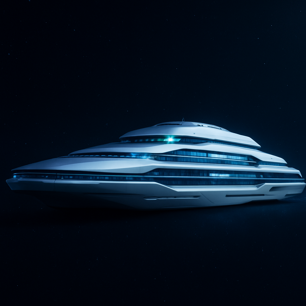 Concept cutaway of a luxury exploration flagship with bright curved white-and-blue decks, district zoning, panoramic modules, and distributed life-support plants