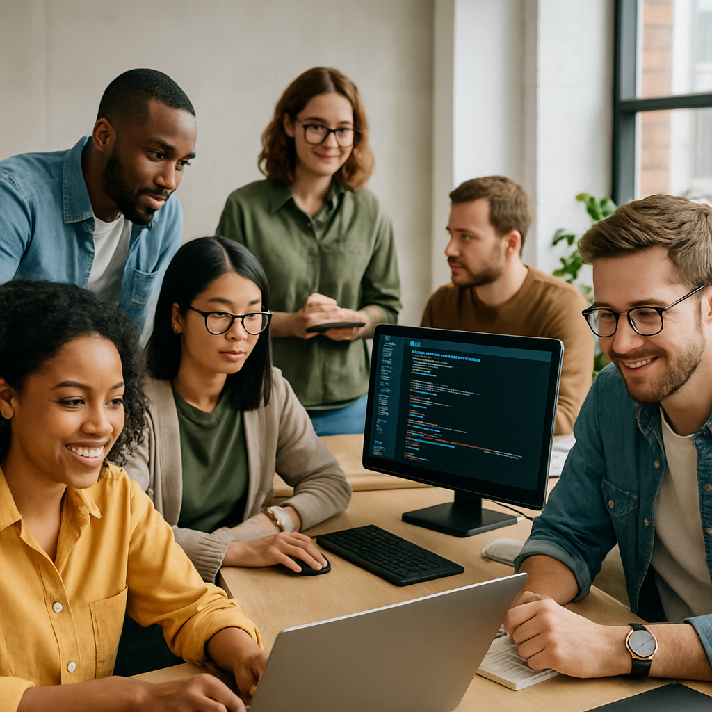 Equipe diversa de profissionais digitais colaborando em um ambiente moderno