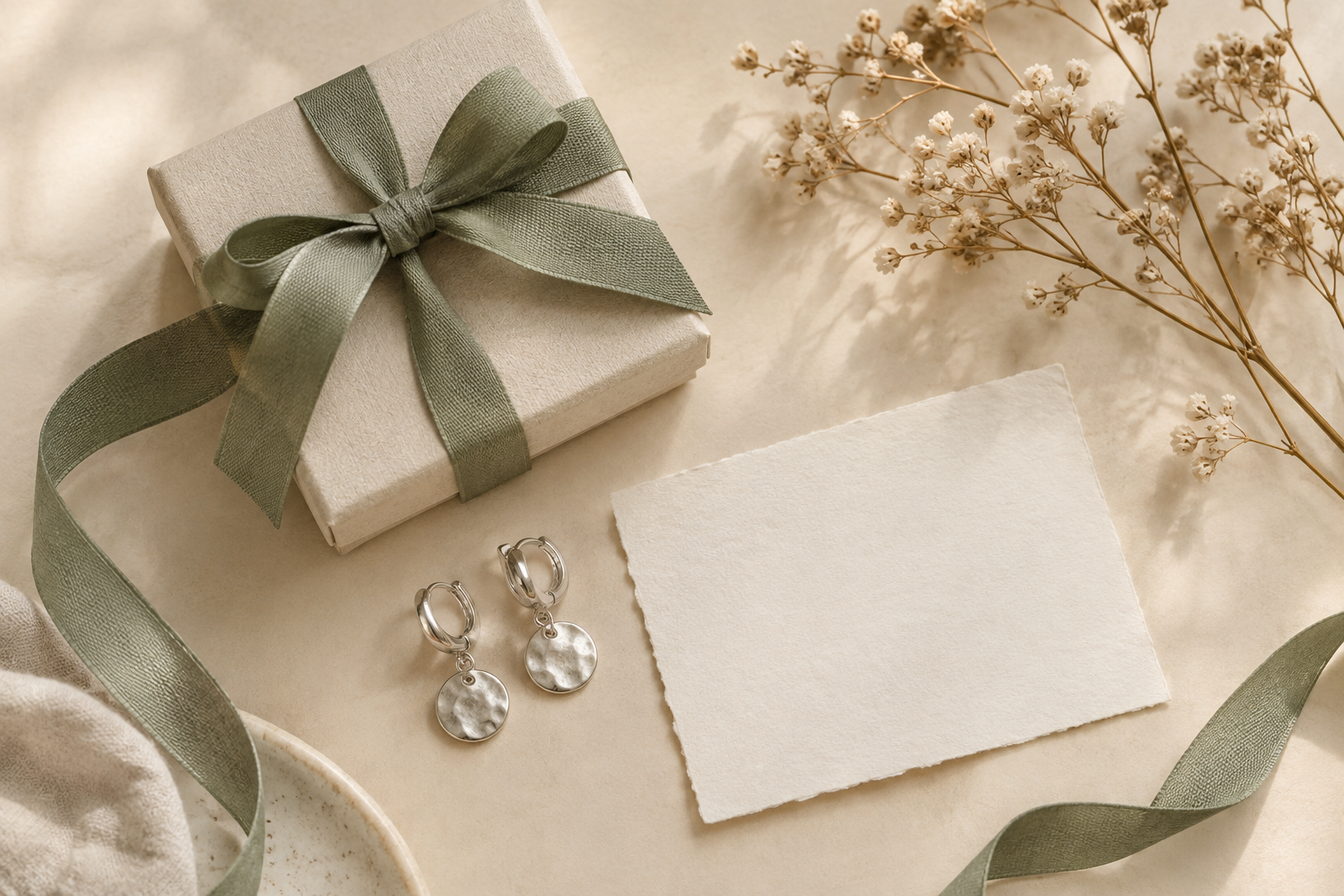 Curated gift tableau with a wrapped jewelry box, handwritten note card, dried botanicals, and silver earrings