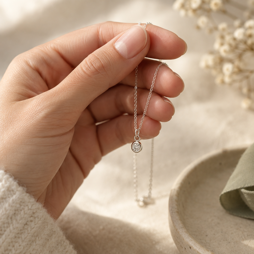 Hand gently holding a fine silver chain against a softly lit neutral background